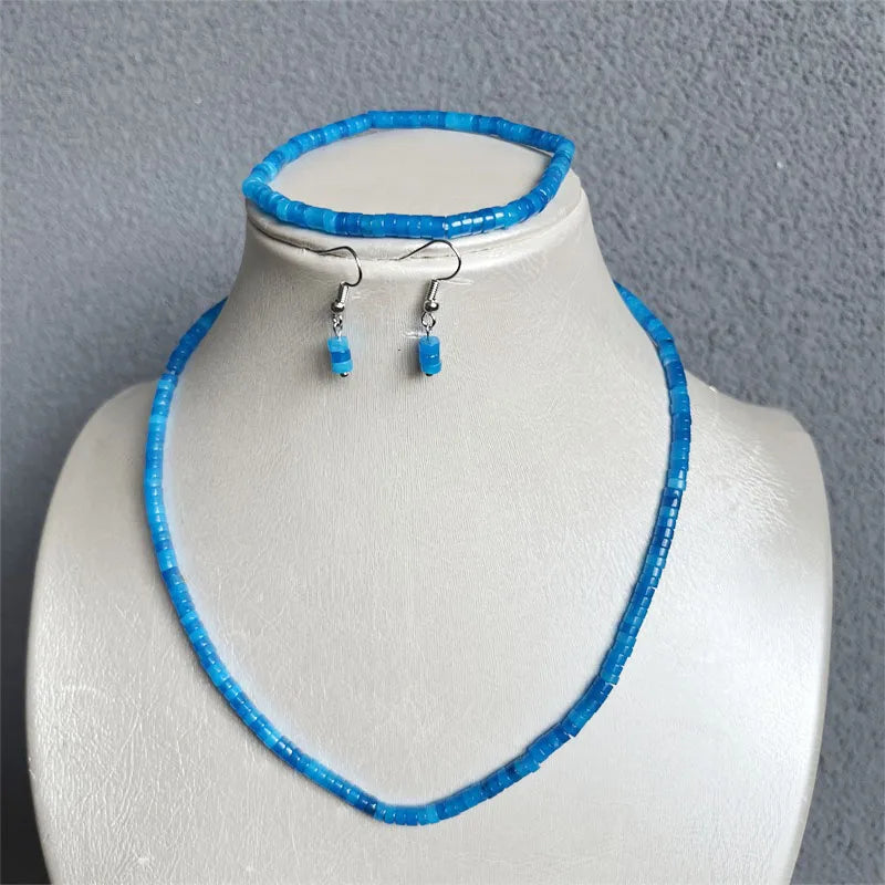 Sterling Silver 4MM Sea Blue Jade Jewelry Set Necklace Earrings Bracelet Chain Choker for Women