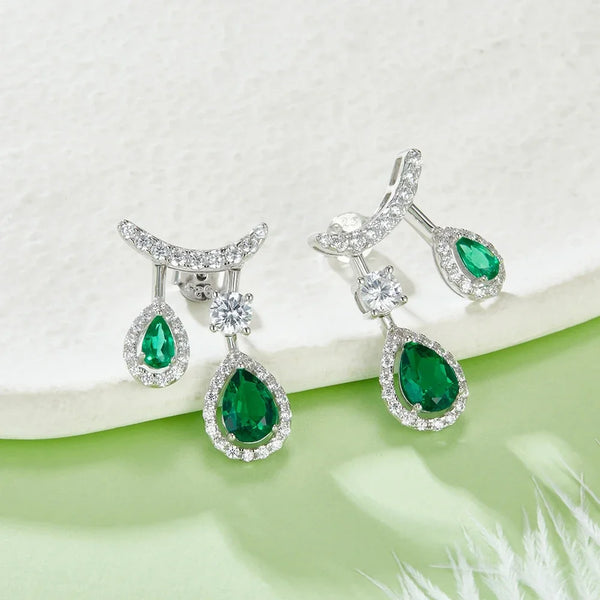 Sterling Silver Pear Cut Emerald & Diamond Drop Earrings. for Women