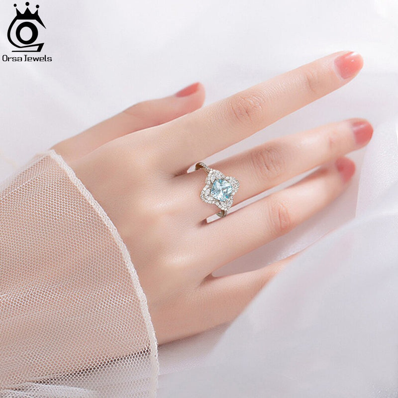 925 Sterling Silver Created Aquamarine CZ Halo Ring for Women