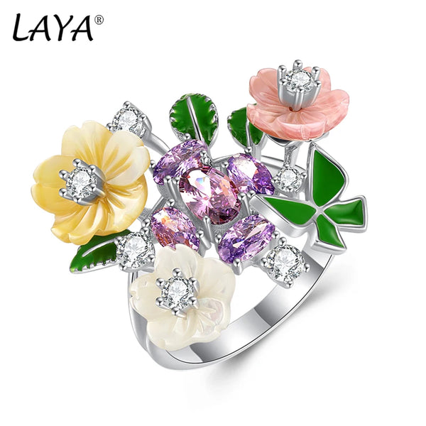 Sterling Silver Pink Shell Flower Zircon Enamel Ring for Women