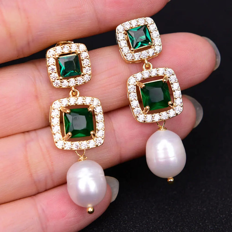 Sterling Silver White Rice Pearl CZ Crystal Glass Earrings for Women