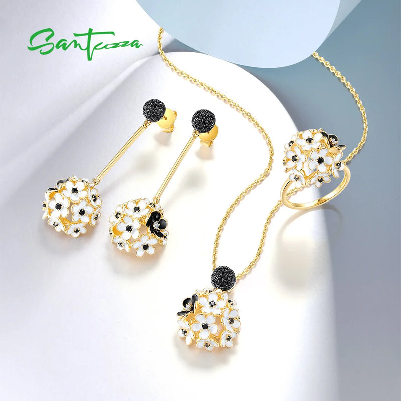 Sterling Silver Cluster Round White Black Flower Enamel Pendant Earrings Ring Set for Women