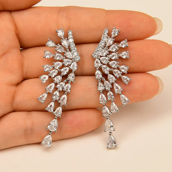 Silver Feathers Dangle Earrings with Shiny CZ Stone for Women