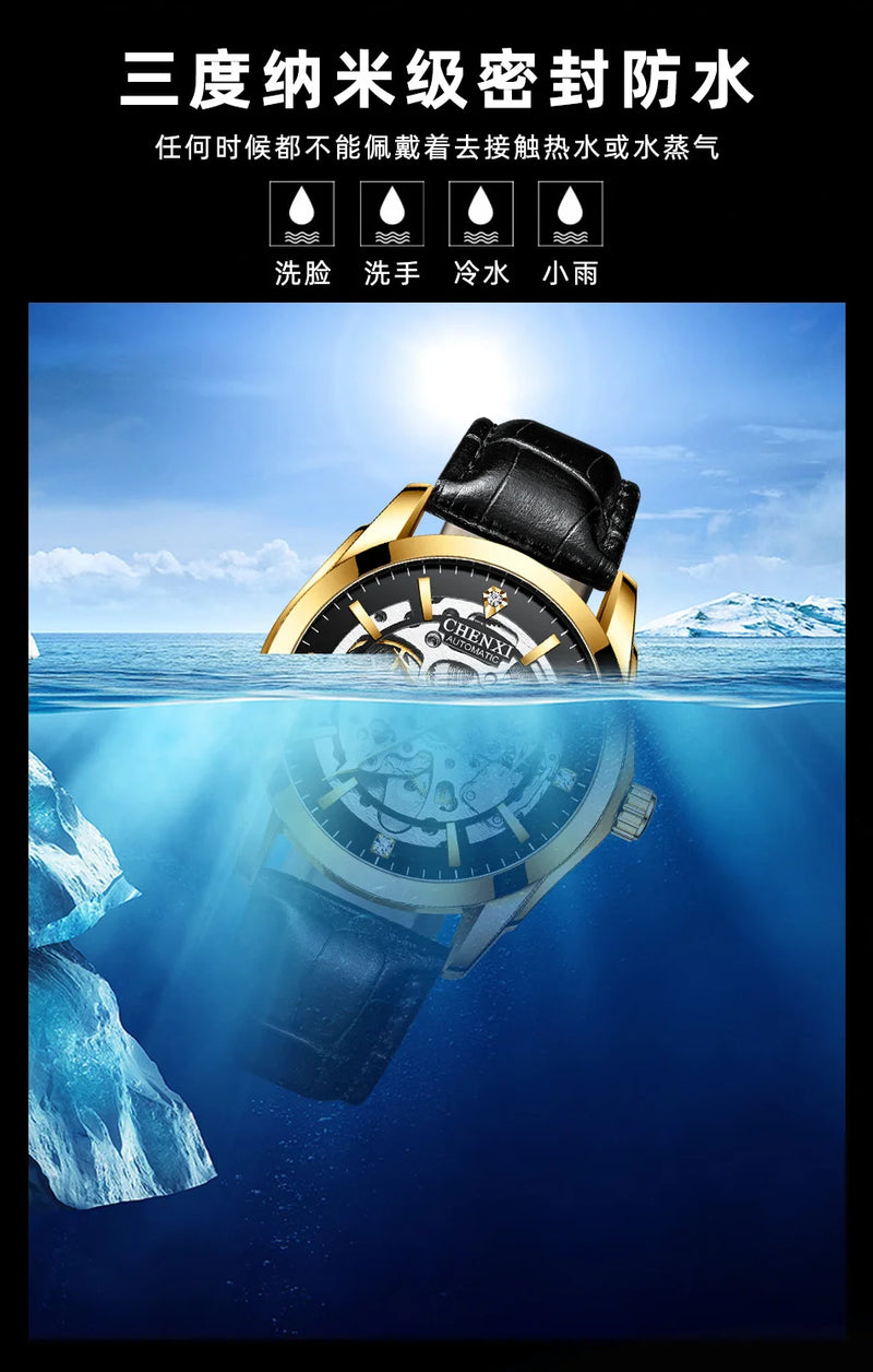 Stainless Steel Leather Strap Automatic Skeleton Luminous Waterproof Watch for Men