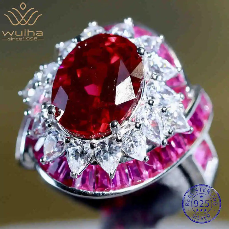 Sterling Silver Oval Cut Ruby High Carbon Diamonds Ring