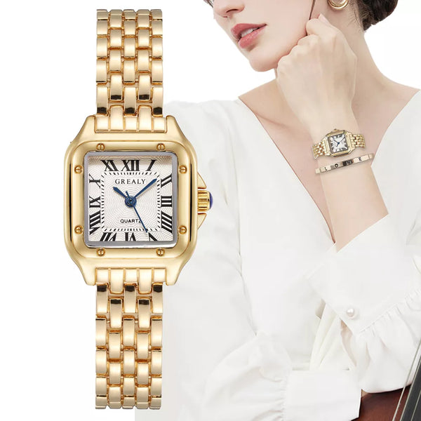 Gold Alloy Square Luxury Quartz Wristwatch with Roman Numerals for Women