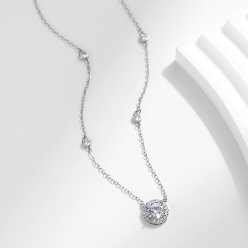 Sterling Silver Round Clear Zircon Pendant Necklace For Women