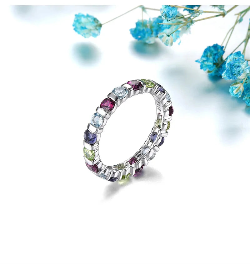 Sterling Silver Rhodolite Garnet Lolite Topaz Eternity Ring for Women