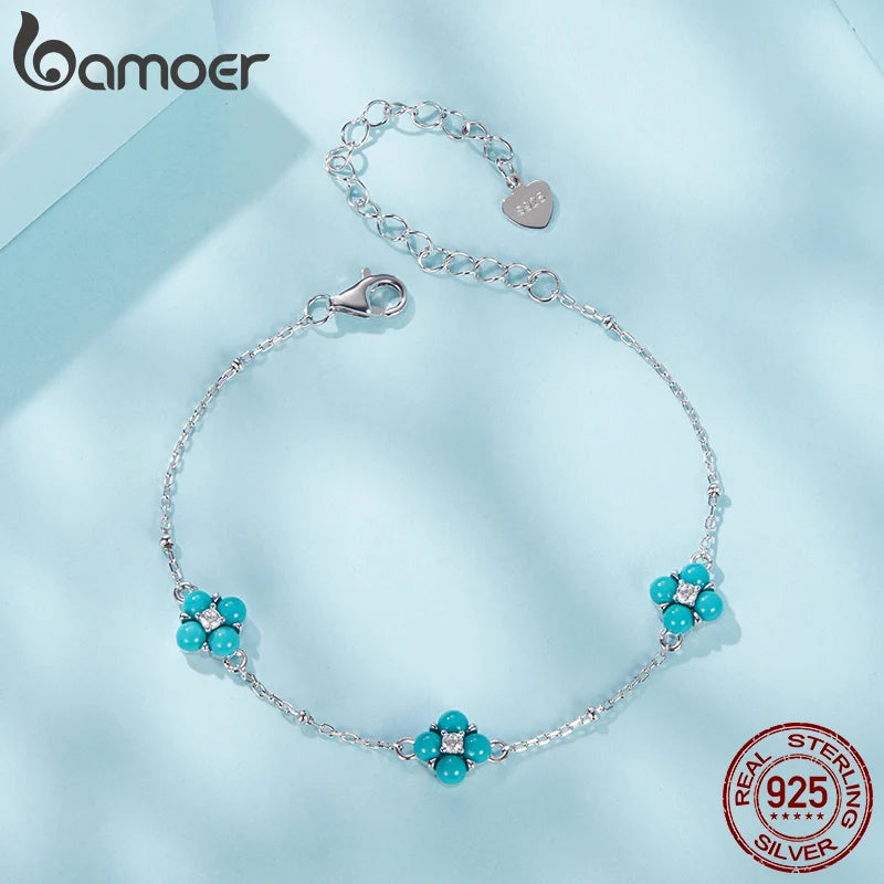 925 Sterling Silver Turquoise Clover Bracelet for Women