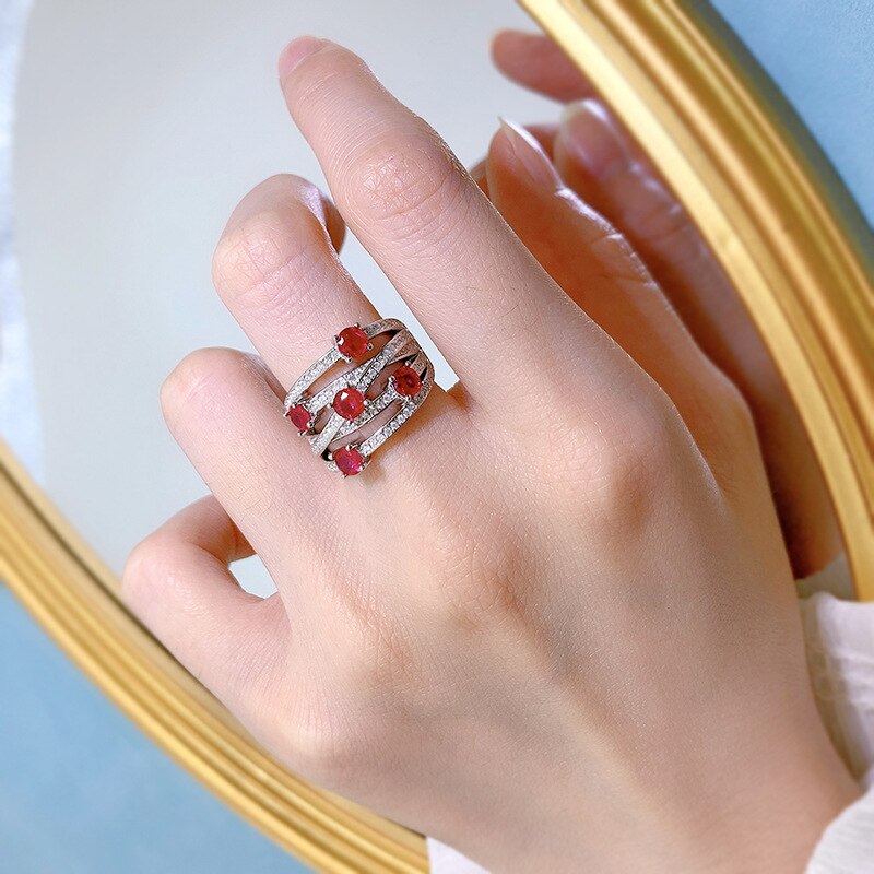 925 Sterling Silver Emerald Cut & Ruby Diamond Rings for Women