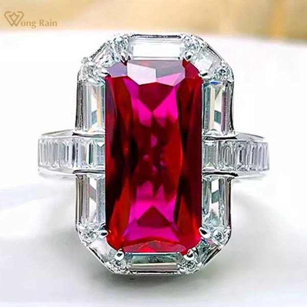 Wong Rain Vintage 925 Sterling Silver 8*16 MM Ruby Emerald High Carbon Diamond Gemstone Cocktail Party Ring For Women Jewelry