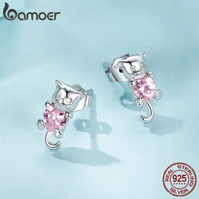 Sterling Silver Cat Stud Earrings for Women