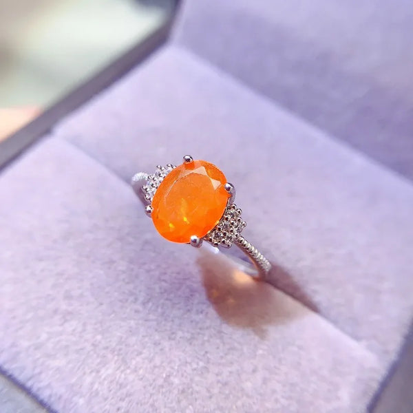 925 Sterling Silver 6mm x 8mm Orange Opal Ring with 18K Gold Plating for Women