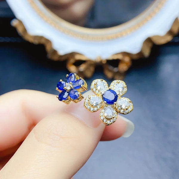 Sterling Silver Natural Sapphire Flower Ring for Women