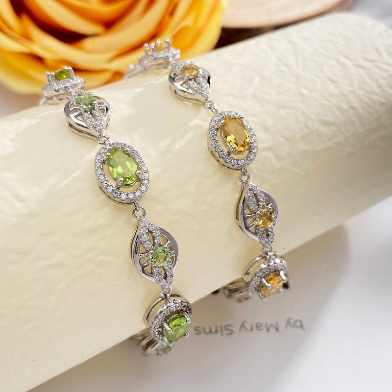 Sterling Silver Peridot Citrine CZ Geometric Chain Bracelet for Women