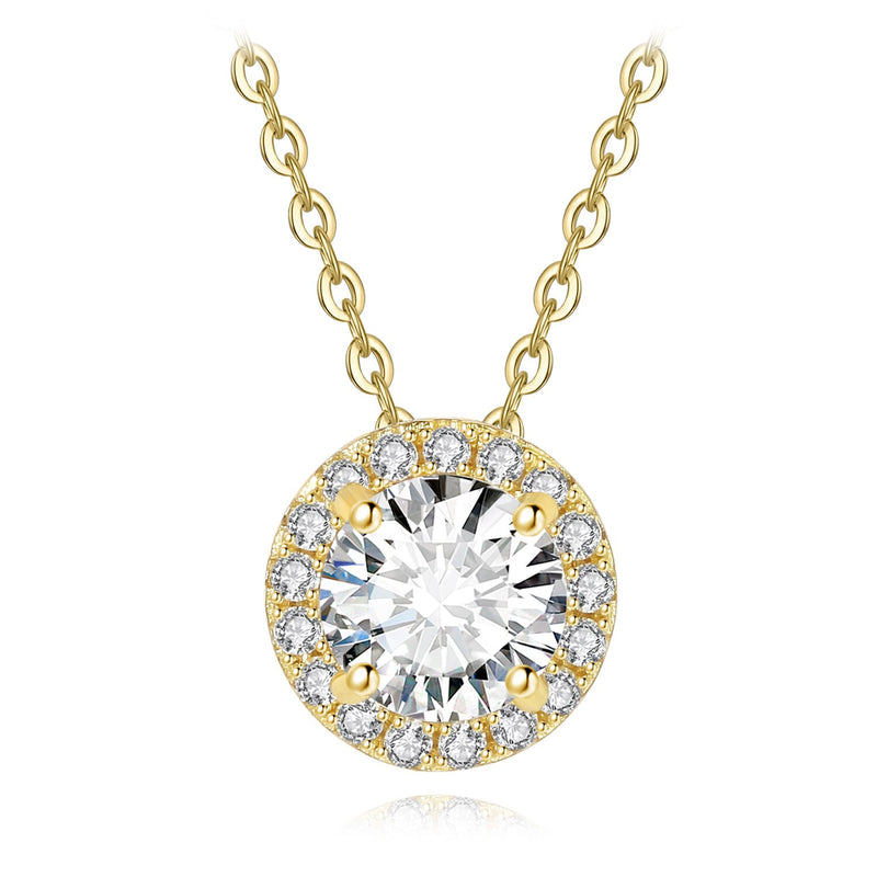 Yellow Gold Plated Sterling Silver Moissanite Halo Pendant Necklace for Woman