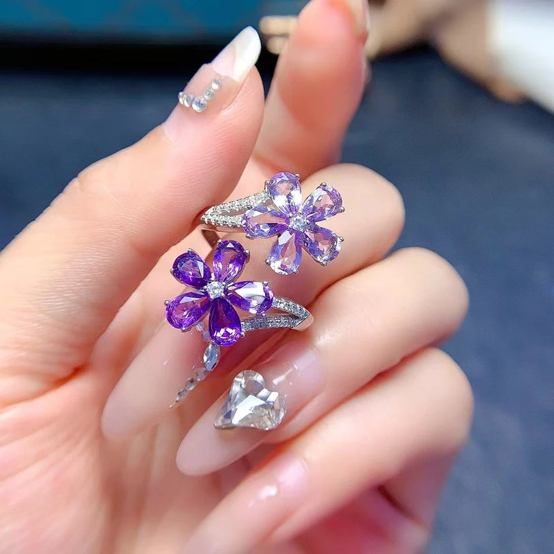 925 Sterling Silver Amethyst Flower Ring for Women