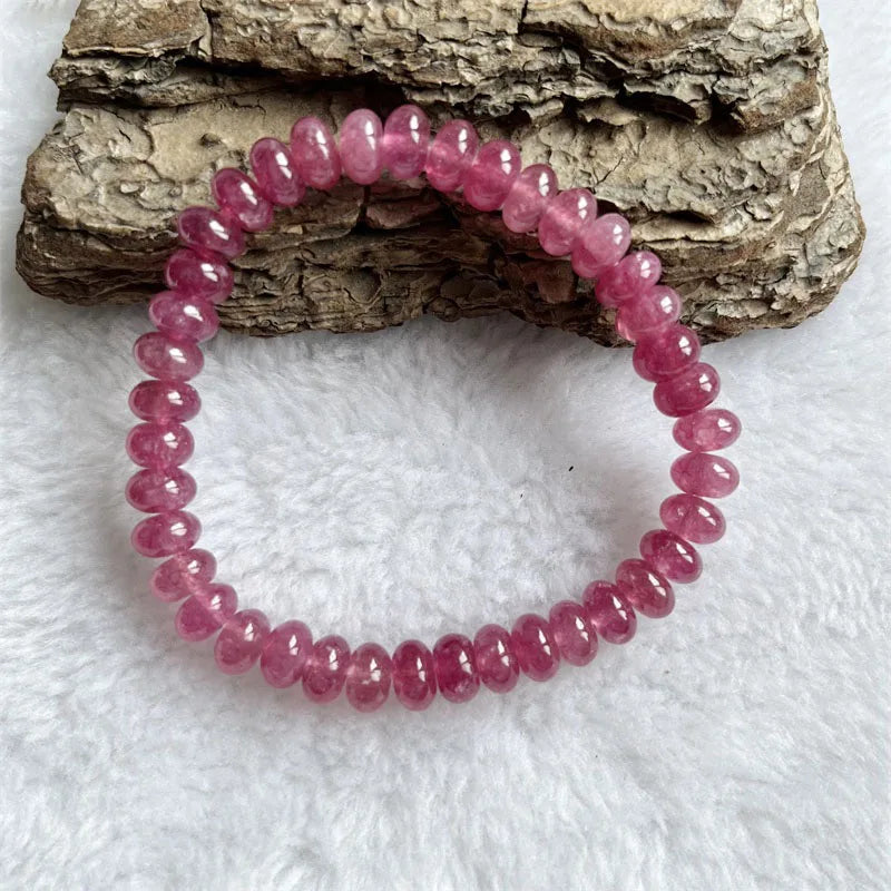 Sterling Silver Oval Pink Red Rubellite Bracelet, 8MM Beads, Beaded Hand Chain for Women