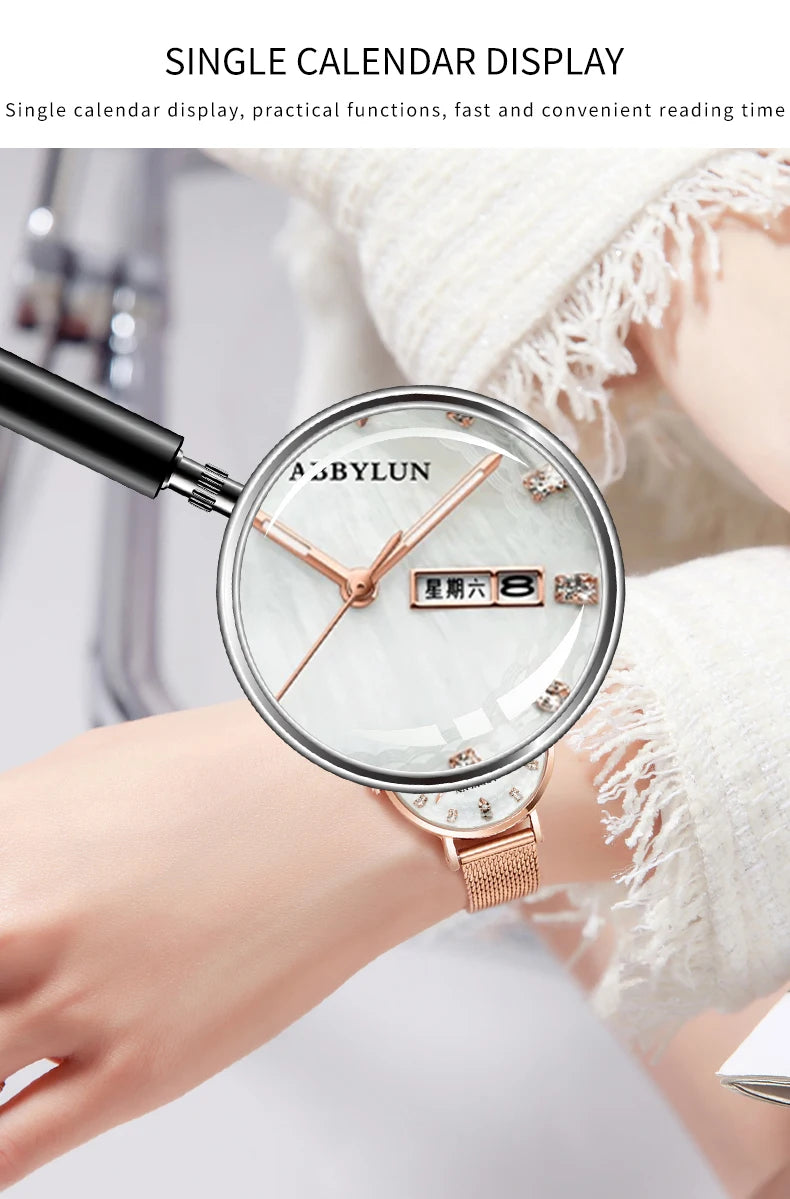 Stainless Steel Quartz Waterproof Luminous Week Calendar Watch for Women