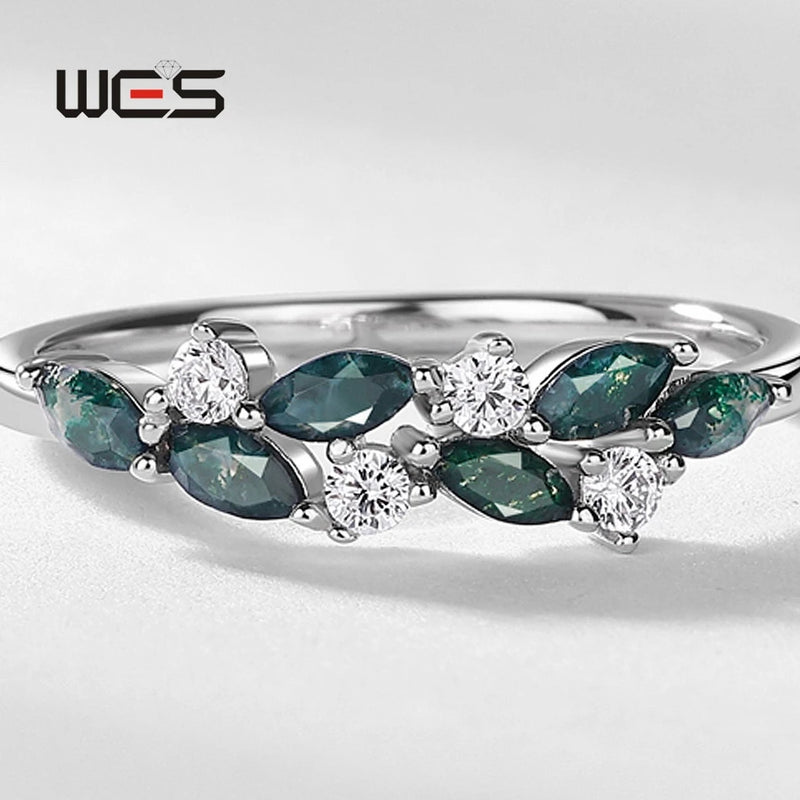 925 Sterling Silver Moss Agate Leaf Finger Ring for Women