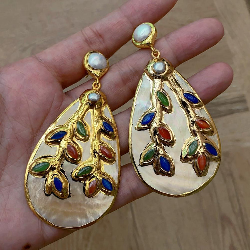Gold Plated Multi Color Agate Drop Earrings for Women