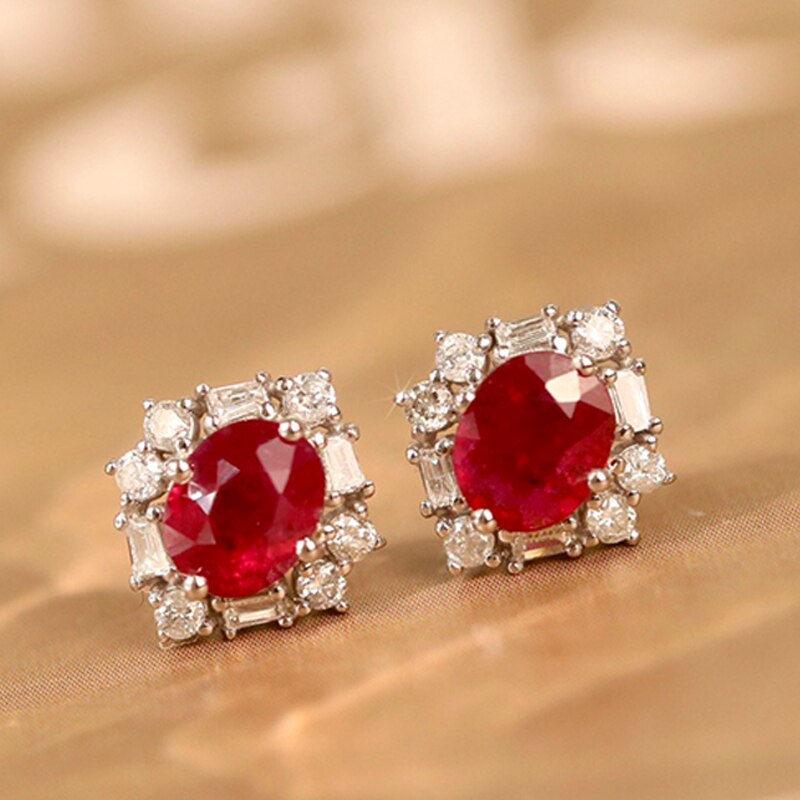 18K White Gold Ruby and Diamond Flower Earrings for Women