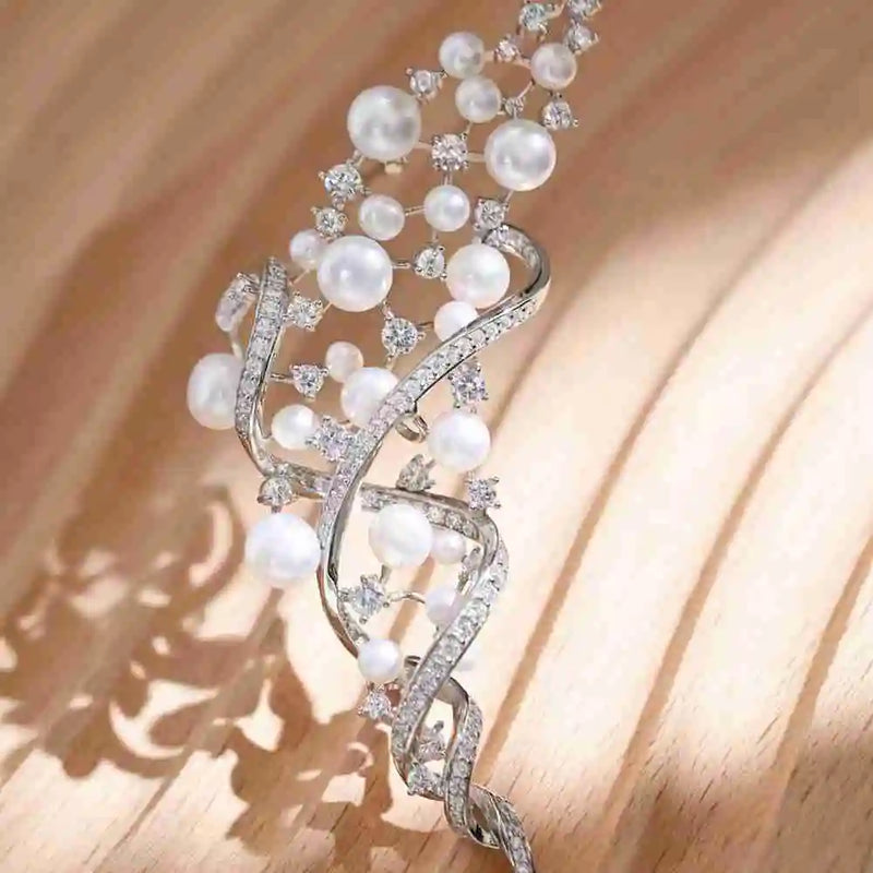 925 Sterling Silver Freshwater Pearl, Sapphire, Diamond Leaves Brooches for Engagement