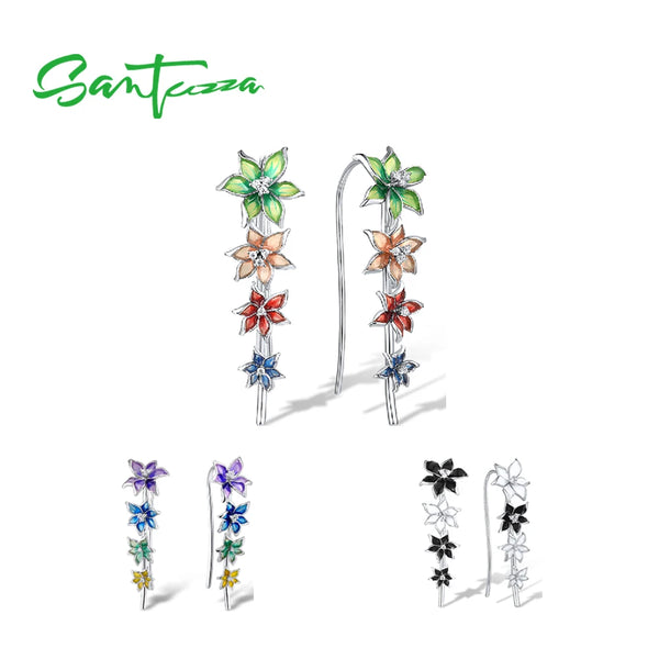 Sterling Silver Multi-Color Enamel Flower Climber Earrings for Women