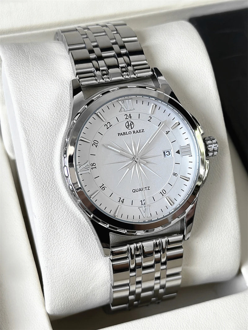 Luxury Silver Stainless Steel Wristwatch with Luminous Display and Waterproof Design for Men