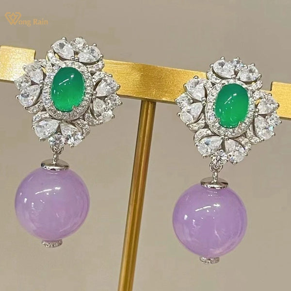 Wong Rain Vintage 925 Sterling Silver Jade High Carbon Diamond Gemstone Luxury Drop Earrings for Women Fine Jewelry Gifts