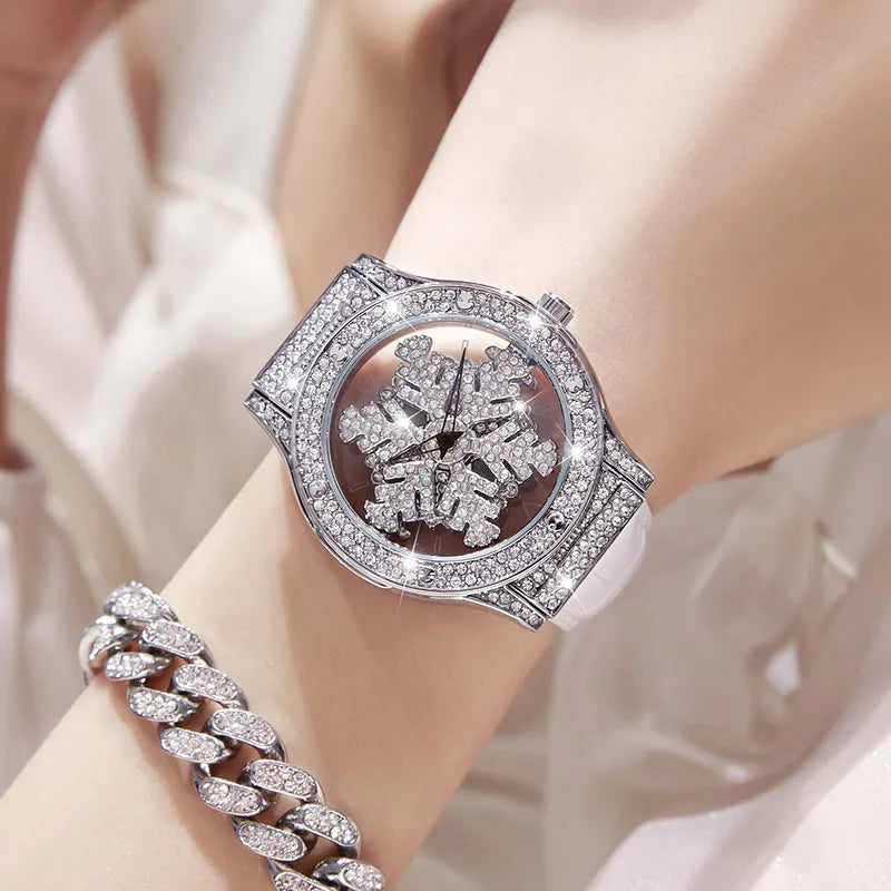 Silver Leather Snowflake Hollow Diamond Watch for Women