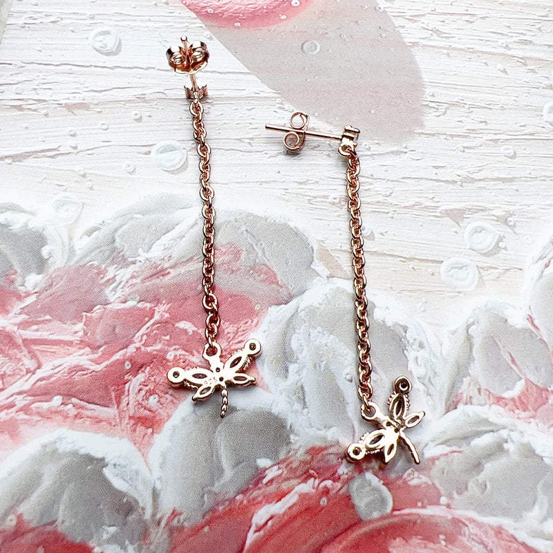 925 Sterling Silver Dragonfly with Stones Rose Gold Drop Earrings for Women