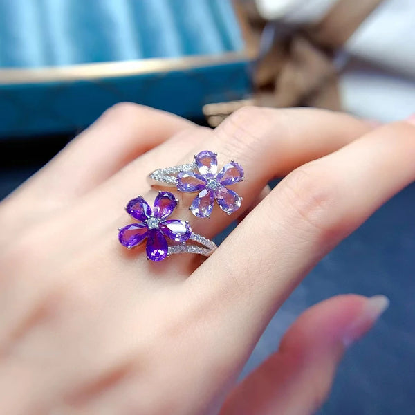 925 Sterling Silver Amethyst Flower Ring for Women