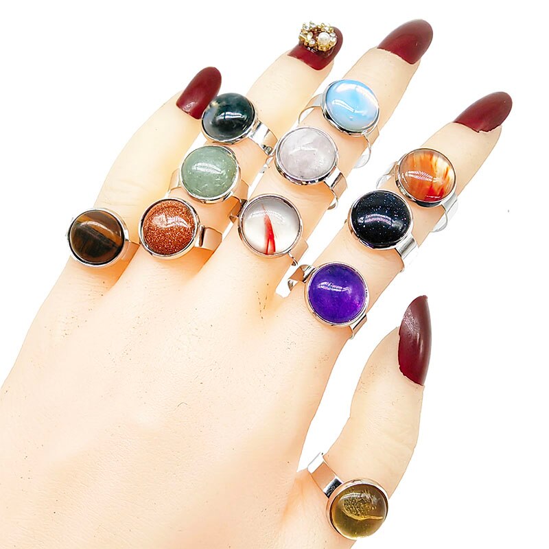 20pcs/Lot Wholesale Mix Style Natural Stone Adjust Finger Rings For Women Hot Agate Round Powder Crystal Blue Clear Jewelry Girl