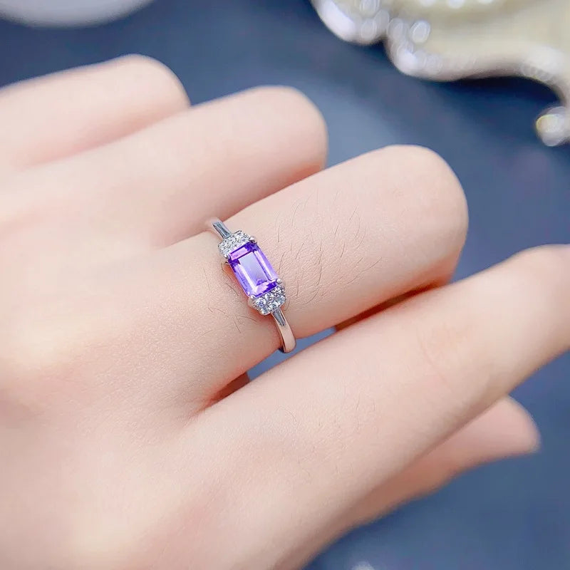 925 Silver Natural Amethyst Square Ring (4x6mm), for Women