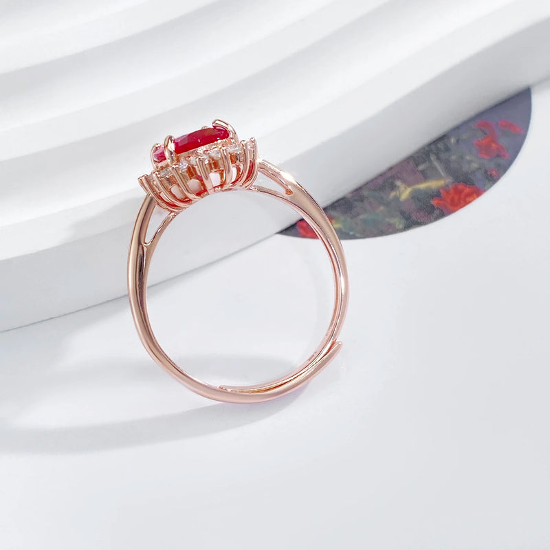 18K Rose Gold Plated Sterling Silver Red Corundum CZ Ring for Women