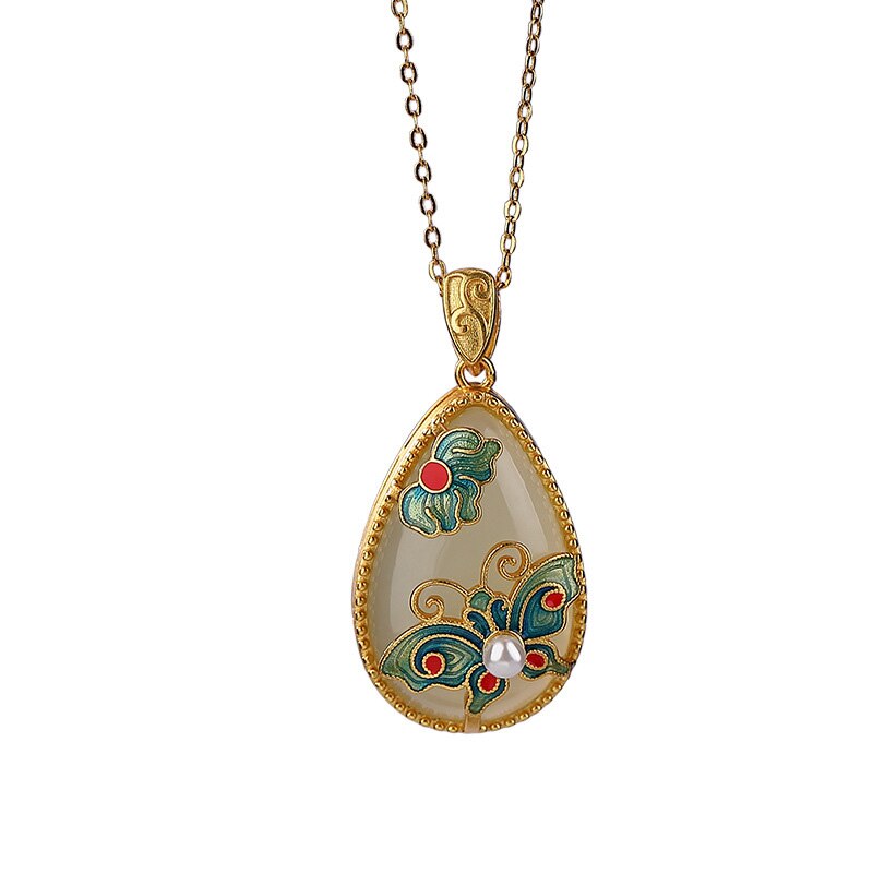 Sterling Silver Hetian Jade Watercolor Pendant with Butterfly and Enamel Necklace for Women