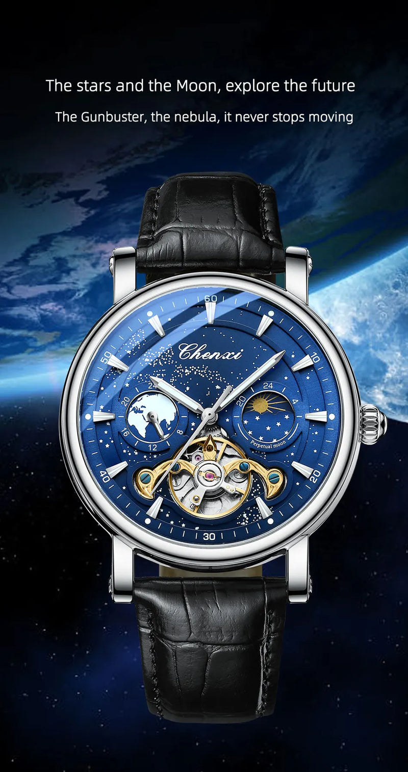 Stainless Steel Milky Way Moon Phase Hollow Flywheel Mechanical Watch for Men