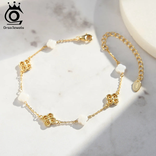 14K Gold Plated 925 Sterling Silver Four-Leaf Plant Bracelet