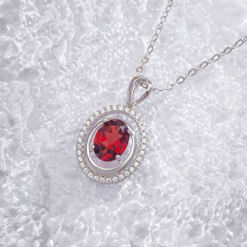 925 Sterling Silver Oval Red Garnet Pendant Necklace for Women