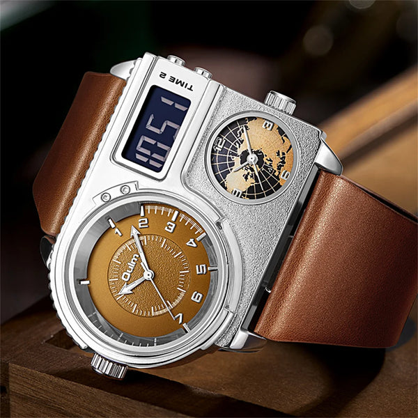 Stainless Steel Leather Dual Time Zone Watch for Men