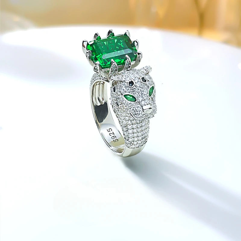 925 Sterling Silver Artificial Emerald and Diamond Leopard Ring Set for Women