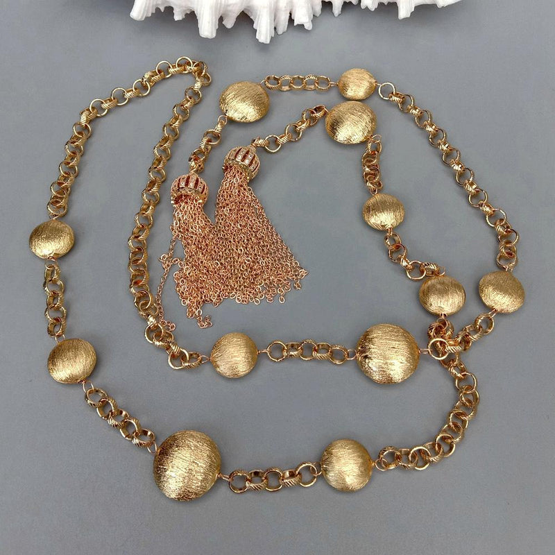 Gold Plated Brushed Coin Bead Long Necklace for Women