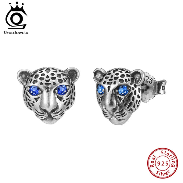 Silver Oxidized Silver Leopard Stud Earrings with Blue Zircon for Her