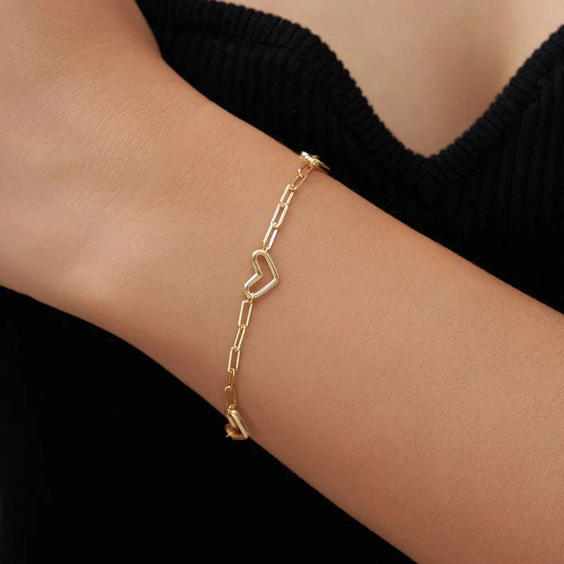 925 Sterling Silver Heart Paperclip Chain Bracelet for Female