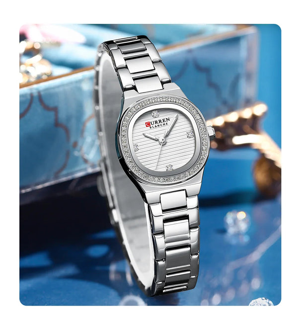 Stainless Steel Quartz Watch with Luminous Hands for Women