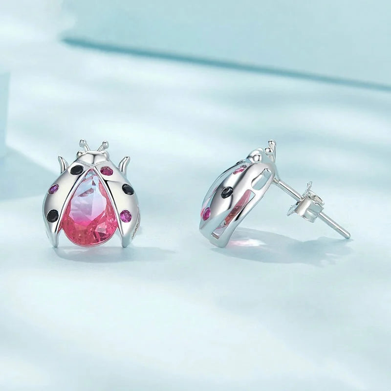 S925 Sterling Silver Pink Ladybug Stud Earrings for Woman