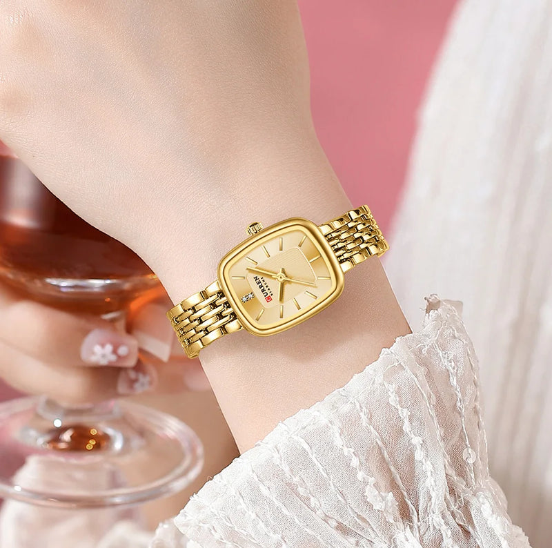 Gold Rectangular Dial Quartz Watch Bracelet for Lady