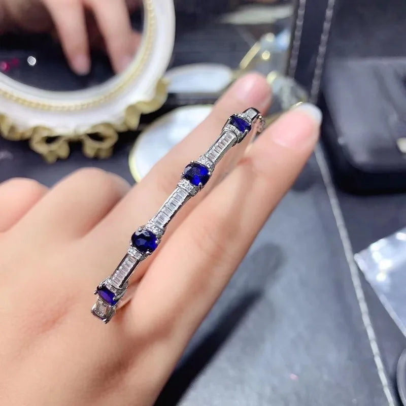 S925 Silver Natural Blue Sapphire Gemstone Bangles Bracelet for Women