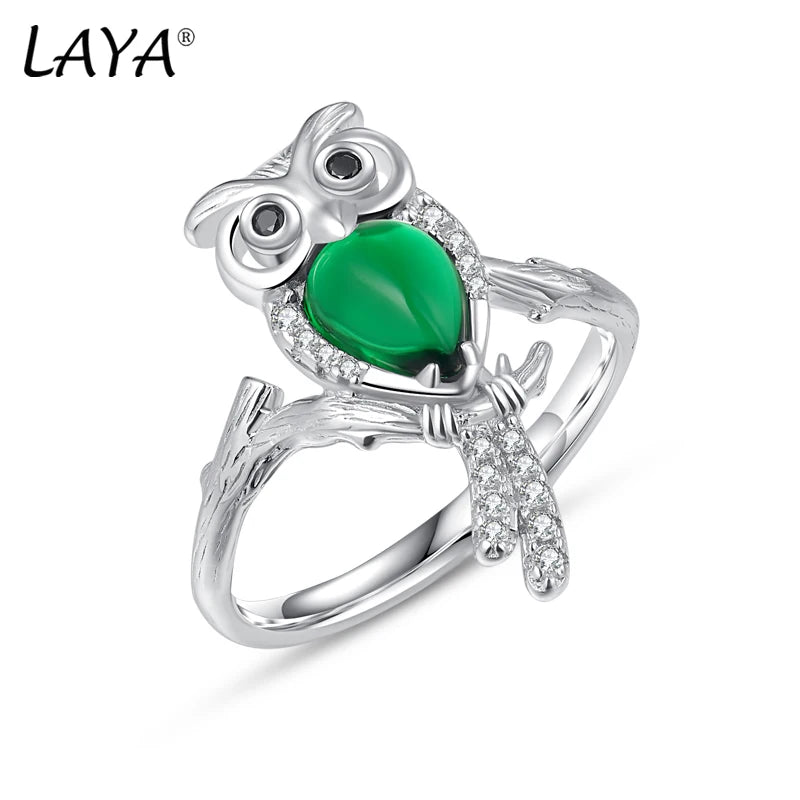 925 Sterling Silver Ring with Green Crystal Owl Design for Women